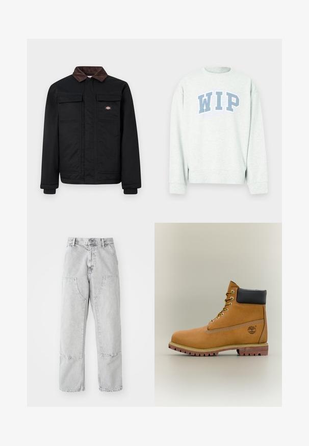 Veste de travail noire avec col en velours côtelé marron, deux poches poitrine à rabat et une fermeture éclair à l'avant dissimulée par un panneau, avec un petit logo de marque sur la poitrine.; Sweat-shirt gris clair à col rond et manches longues, arborant un logo "WIP" bleu imprimé en arc de cercle sur la poitrine.; Pantalons en denim gris clair à coupe ample, avec de grandes poches latérales, des coutures visibles et un design à jambe droite. Passants de ceinture à la taille.; Bottine en cuir marron avec col noir, lacets jaunes et semelle beige. Présente un logo et des détails de couture blanche. Semelle extérieure à traction robuste.
