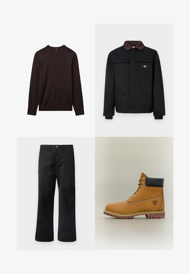 Chaqueta de trabajo negra con cuello de pana marrón, dos bolsillos de solapa en el pecho y un cierre frontal oculto por una tapeta, con un pequeño logo de la marca en el pecho.; Reiss REISS - Jersey de punto - dark bordeaux; Pantalones negros con diseño de pierna recta, confeccionados con tela suave. Cuentan con bolsillos laterales y cierre de botón en la pretina.; Bota de tobillo de cuero marrón con cuello negro, cordones amarillos y suela beige. Presenta un logotipo y detalles de costura blanca. Suela exterior con tracción robusta.