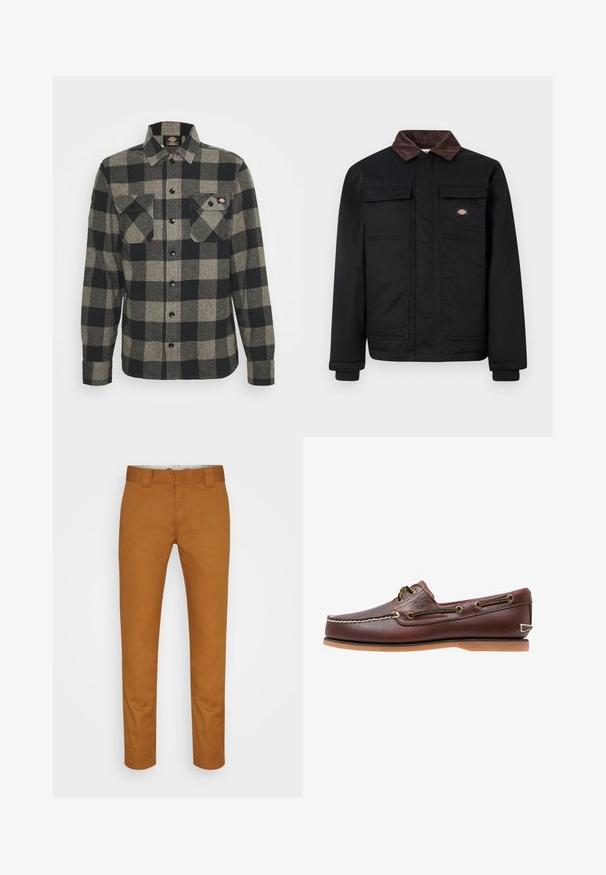 Sort arbejdjakke med brun kordfløjlskrage, to brystlommer med flap og en frontlynlås dækket af en klap, med et lille brandlogo på brystet.; Sort og gråternet flannel skjorte med lange ærmer, knaplukning foran, to brystlommer og en let bøjet kant. Struktureret stof.; Brune bomuldsbukser med lige snit, frontlommer og en ren, glat tekstur. Har bæltesløjfer og diskrete syninger.; Brun læder bådsko med hvide sømme, snøre detaljer og lysbrun gummisål, vist fra siden på hvid baggrund.