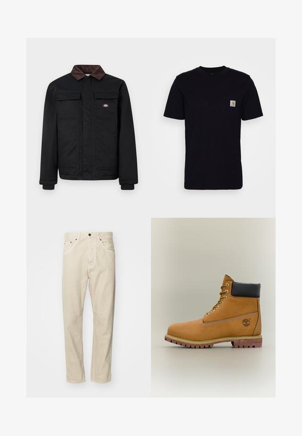 Sort arbejdjakke med brun kordfløjlskrage, to brystlommer med flap og en frontlynlås dækket af en klap, med et lille brandlogo på brystet.; Sort bomulds T-shirt med korte ærmer, rund hals og en brystlomme, der har et lille, kvadratisk logo-patch. Enkel, ensfarvet design.; Beige, bomuldsbukser med lige pasform, fem lommer og metalhardware detaljer. Glat tekstur med minimale syninger.; Brun læderankelstøvle med sort krave, gule snørebånd og tanfarvet sål. Har logo og hvide syninger som detalje. Robust ydersål med greb.