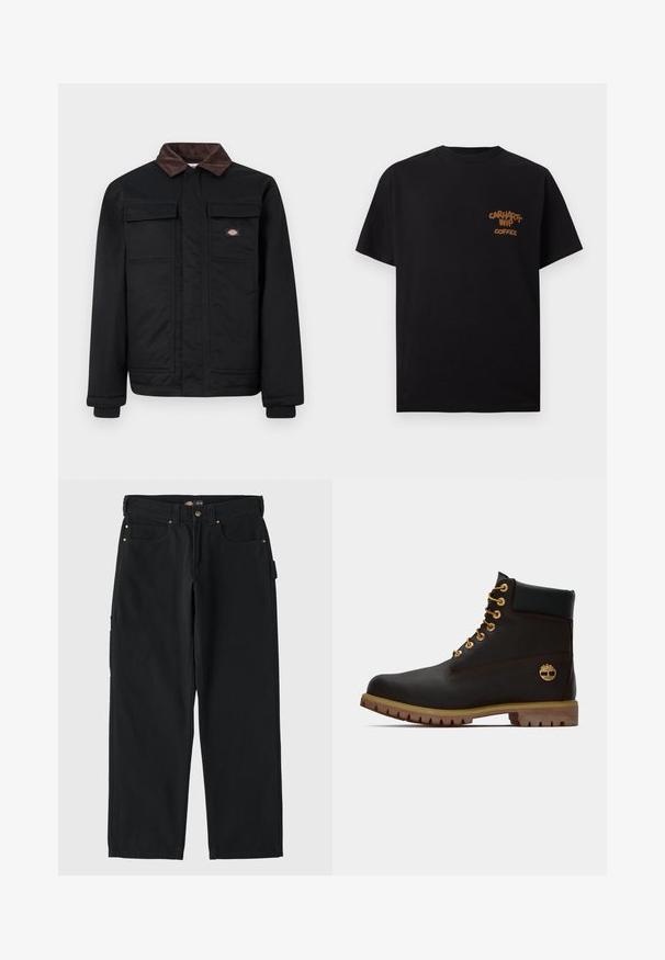 Sort arbejdjakke med brun kordfløjlskrage, to brystlommer med flap og en frontlynlås dækket af en klap, med et lille brandlogo på brystet.; Sort T-shirt med korte ærmer med lille brun tekst "Carhartt WIP Coffee" på venstre bryst.; Sorte bomuldsbukser med lige ben-design, der har to forlommer, en baglomme og guldfarvede hardware-accenter.; Sorte læder ankelstøvle med gyldne øjer, brune detaljer og gummisål. Har en polstret krave og præget logo på siden.