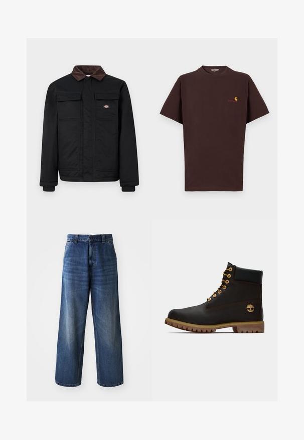 Sort arbejdjakke med brun kordfløjlskrage, to brystlommer med flap og en frontlynlås dækket af en klap, med et lille brandlogo på brystet.; Brun bomulds t-shirt med korte ærmer, rund halsudskæring, logo på venstre bryst i orange og rød, lige kant og afslappet pasform.; Højtaljede blå denimjeans med vid benvidde, der har subtil falming, forlommer og en knaplukning i taljen.; Sorte læder ankelstøvle med gyldne øjer, brune detaljer og gummisål. Har en polstret krave og præget logo på siden.