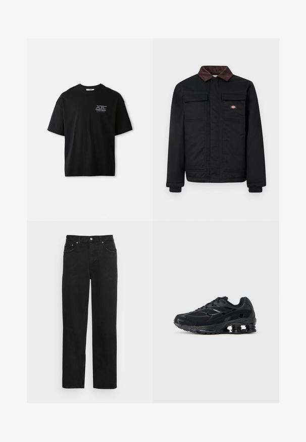 Schwarze Arbeitsjacke mit braunem Cordkragen, zwei Brusttaschen mit Klappen und einem vorne mit einer Leiste verdeckten Reißverschluss, mit kleinem Markenlogo auf der Brust.; Schwarzes Kurzarm- Baumwoll-T-Shirt mit Rundhalsausschnitt und einem weißen Logo "XTC VERTERE" auf der linken Brustseite. Glatte Textur.; Schwarze Jeans aus Denim mit geradem Bein, Fünf-Taschen-Design und Metallknopfverschluss mit dezent strukturierter Oberfläche. Keine sichtbaren Muster oder Akzente.; Schwarzer Sportschuh mit Obermaterial aus Mesh, gepolstertem Kragen und hervorgehobener Dämpfungstechnologie an der Ferse. Verfügt über strukturierte Akzente und Schnürsenkel.