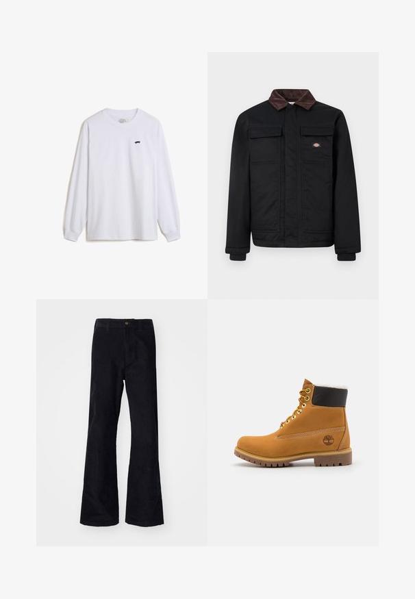 Sort arbejdjakke med brun kordfløjlskrage, to brystlommer med flap og en frontlynlås dækket af en klap, med et lille brandlogo på brystet.; Hvid langærmet t-shirt i bomuld med et lille sort skateboardgrafik på venstre bryst og ribbede manchetter.; Sorte, bomuldsforlængede bukser med en traditionel linning, enkelt forreste knap og lommer på siderne og bagpå. Glat tekstur.; Brune læder ankelstøvle med metaløjer, hvid pelsforing, sort polstret krave, robust sål og præget logo på siden.