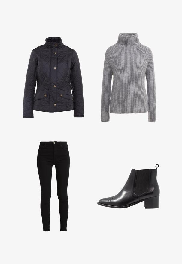 Veste matelassée noire avec un col haut, comportant des boutons-pression dorés et deux poches avant. Texture lisse avec un surpiquage en motif losange.; Pull en maille grise avec un col roulé haut, texture côtelée et manches longues. Présente des coutures raglan et une silhouette ajustée.; Jean skinny noir en tissu extensible en coton mélangé. Présente une fermeture à bouton à l'avant et des passants de ceinture pour un ajustement réglable.; Botte de cheville en cuir noir avec des panneaux élastiques sur les côtés, bout rond et talon en bloc texturé. Dispose d'une languette en boucle à l'arrière pour un enfilage facile.