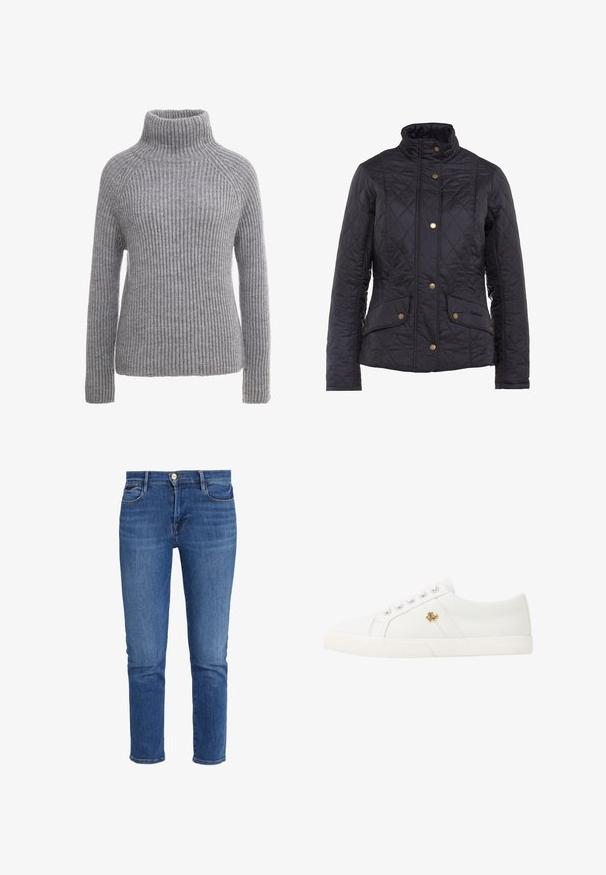 Veste matelassée noire avec un col haut, comportant des boutons-pression dorés et deux poches avant. Texture lisse avec un surpiquage en motif losange.; Pull en maille grise avec un col roulé haut, texture côtelée et manches longues. Présente des coutures raglan et une silhouette ajustée.; Jeans en denim bleu foncé avec un design classique à cinq poches. Comprend une fermeture éclair, un bouton et une coupe droite. Texture lisse.; Lauren Ralph Lauren JANSON II CANVAS SNEAKER - Baskets basses - optic white