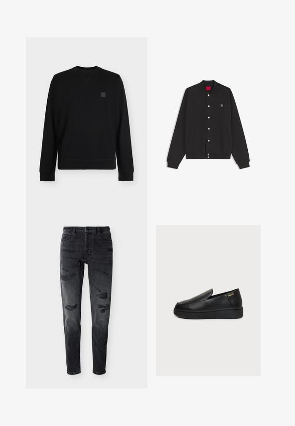 Zwarte bomberjas met knopen, geribde manchetten en kraag, zijzakken en een klein Hugo-logo op de linkerborst.; Zwarte crewneck-trui met lange mouwen, geribde boorden en zoom, met een kleine vierkante logopatch op de linkerbovenborst.; Zwarte distressed skinny jeans met knopen aan de voorkant, riemlussen en versleten plekken op de dijen en knieën tegen een witte achtergrond.; Zwarte leren slip-on platformschoen met dikke zool en klein gouden "HUGO" logo nabij de hiel op een effen lichte achtergrond.