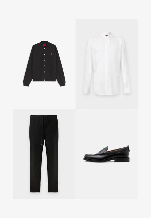 Veste bomber noire à boutons, avec poignets et col côtelés, poches latérales et petit logo Hugo sur la poitrine gauche.; Chemise blanche à manches longues avec col officier et patte de boutonnage cachée, présentée sur un fond clair uni.; Pantalons noirs fuselés avec une taille élastique et un cordon de serrage. Tissu lisse, design minimal, sans poches visibles ni motifs.; Mocassin homme en cuir noir avec couture moc toe, bride penny, col texturé et petit talon empilé sur fond blanc.