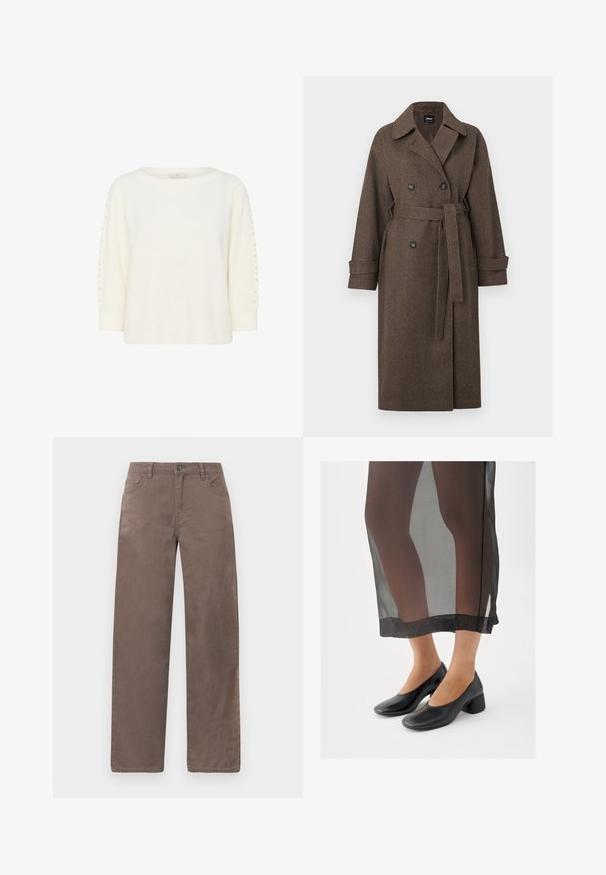 Hnedý kabát s herringbone vzorom, dvojradovým zapínaním, veľkým golierom, opaskom na páse a s manžetami. Materiál ztextúrovaná vlna zmes.; Kaffe KABETTY - Svetrík - chalk cc; Hnedé nohavice s rovnými nohavicami z bavlny, s páskovým uzáverom na prednej strane, pútkami na opasok a piatimi vreckami s hladkým povrchom.; Čierne topánky na blokovom podpätku s hladkým koženým povrchom, nosené s čiernou priehľadnou sukňou s čistým lemom a minimalistickým dizajnom.