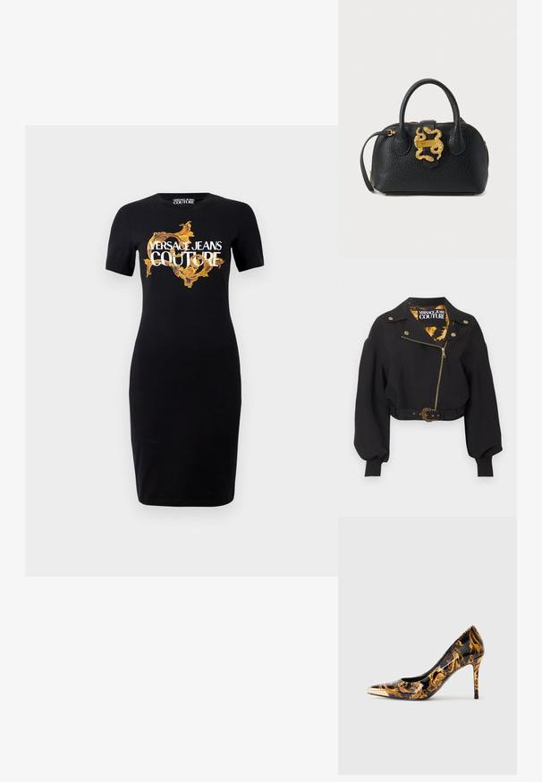 Mustast lühendatud jopes kullast tõmblukk, nupud ja vöö pandlaga, täispuhutud pikad varrukad ning krae sees "Versace Jeans Couture" silt.; Mustmust mustrõiv mustade lühikeste käistega, millel on kuldne ja valge "VERSACE JEANS COUTURE" logo ning keerukad kuldsed mustrid ees.; Tipp-küünisega kontsaking, millel on läikiv must pind, kaunistatud kuldsete lillemustriga ja metallik kuldse varbaga.; Mustast tekstuuriga nahast käekott kahe sangaga, kuldse luku ja kuldse madu-kujulise kinnitusdetailiga esiühel.