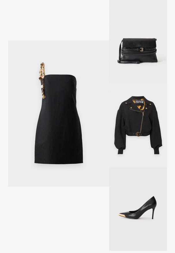 Chaqueta negra corta con cremallera dorada, botones, hebilla del cinturón, mangas largas abullonadas y etiqueta "Versace Jeans Couture" en el interior del cuello.; Un vestido negro mini con un corte estructurado y recto, y un detalle decorativo de cadena en tono dorado en un hombro. Textura de tela suave.; Zapato de tacón alto de cuero negro con puntera afilada; presenta un detalle metálico dorado en la tapa del tacón. Superficie lisa con un diseño elegante.; Bolso bandolera de cuero negro con solapa, correa delgada ajustable para el hombro y cinturón decorativo con hebilla dorada en la parte frontal.