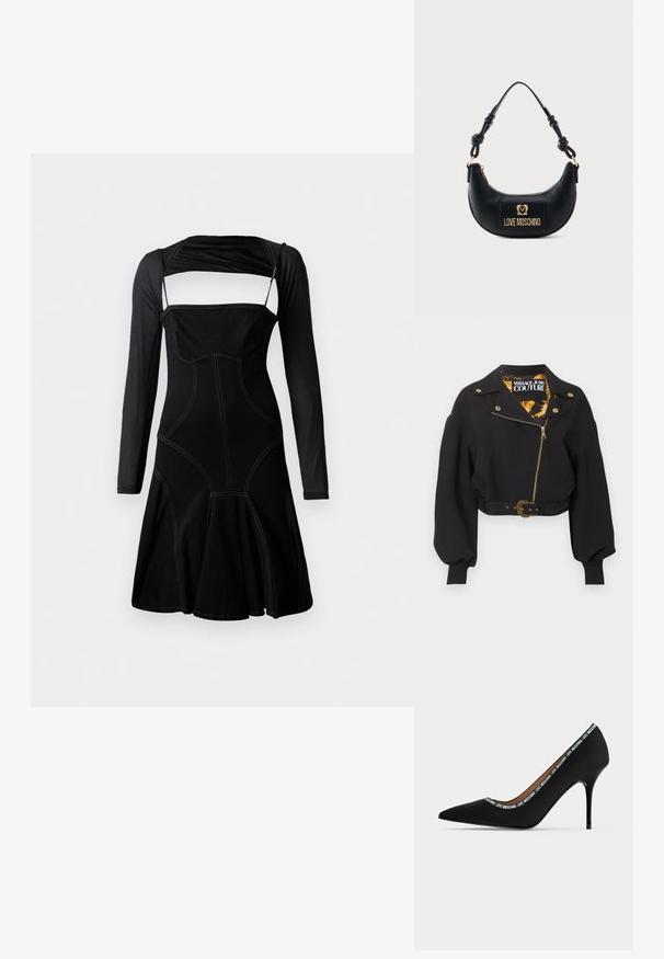 Veste noire courte avec fermeture éclair dorée, boutons et boucle de ceinture, manches longues bouffantes, et étiquette "Versace Jeans Couture" à l'intérieur du col.; Robe noire à manches longues, corsage ajusté et ourlet évasé. Présente des coutures contrastantes et un design de découpe unique au niveau de l'encolure.; Chaussure noire à talon haut pointu avec talon stiletto et bordure de texte "LOVE MOSCHINO" le long du bord d'ouverture, vue de côté sur fond blanc.; Sac à main noir demi-lune avec poignée nouée et plaque logo dorée "Love Moschino" sur le devant, fermeture éclair en haut.