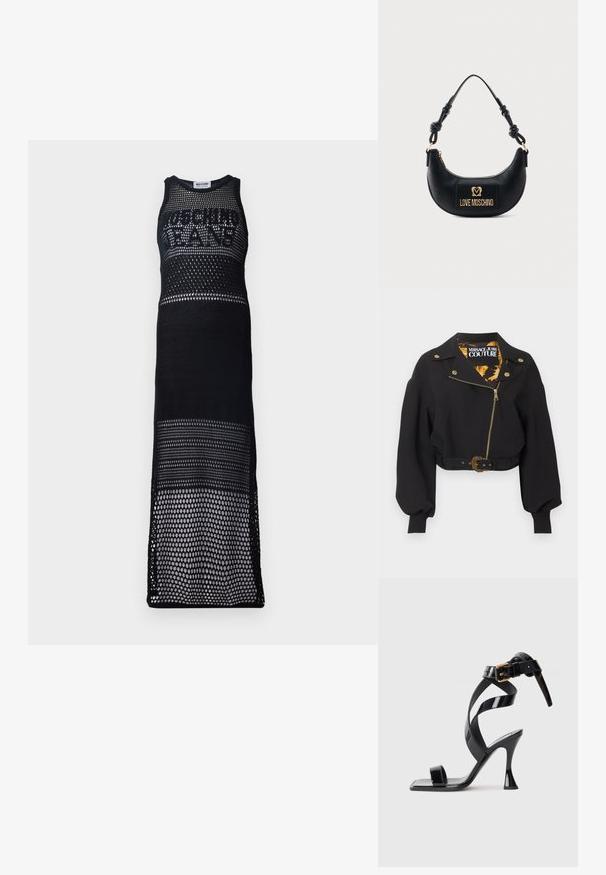 Sort cropped jakke med guld lynlås, knapper og bæltespænde, puffede lange ærmer og "Versace Jeans Couture"-mærke inde i kraven.; Sort mesh maxi kjole med ærmeløs design. Funktioner inkluderer et stort logo på brystet, som viser et åbent vævemønster og en lige silhuet.; Sorte patentlæder højhælede sandal med firkantet tå, ankelrem og guldlås på hvid baggrund.; Sort halvmåneformet håndtaske med knyttet håndtag og guld "Love Moschino" logo plaque foran, lynlåslukning øverst.