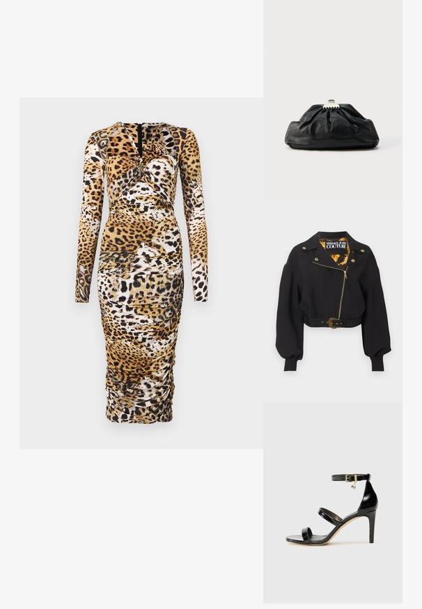 Čierna krátka bunda so zlatým zipsom, gombíkmi a prackou opasku, nadýchané dlhé rukávy a štítok "Versace Jeans Couture" vo vnútri goliera.; Dlhými rukávmi šaty s leopardím vzorom, so záhybmi a okrúhlym výstrihom. Vyrobené z elastickej látky, s dvoma zipsami na chrbte.; Čierne lakované sandále s tromi pásikmi, spona na členku a 10 cm ihlovým podpätkom. Obsahujú zlaté detaily s hardwarem a logo prívesok.; Čierna kožená kabelka do ruky s nazbieranou štruktúrou, kovovým zapínaním a jemným vypuklým logom na prednej strane. Okrúhly tvar.