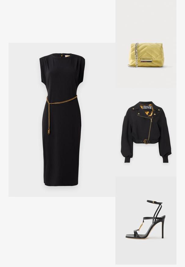 Sort cropped jakke med guld lynlås, knapper og bæltespænde, puffede lange ærmer og "Versace Jeans Couture"-mærke inde i kraven.; Sort midikjole med korte ærmer, rund halsudskæring, plisserede detaljer og et guldkæde bælte som accent, lavet af glat stof.; Sort højhælet sandal med tynde stropper, gulddetaljer, åben tå-design og en glat lædertekstur. Har en slank stilet-hæl.; Gul quiltet skuldertaske i læder med sølvkæde som strop og Armani Exchange logo på frontklappen.