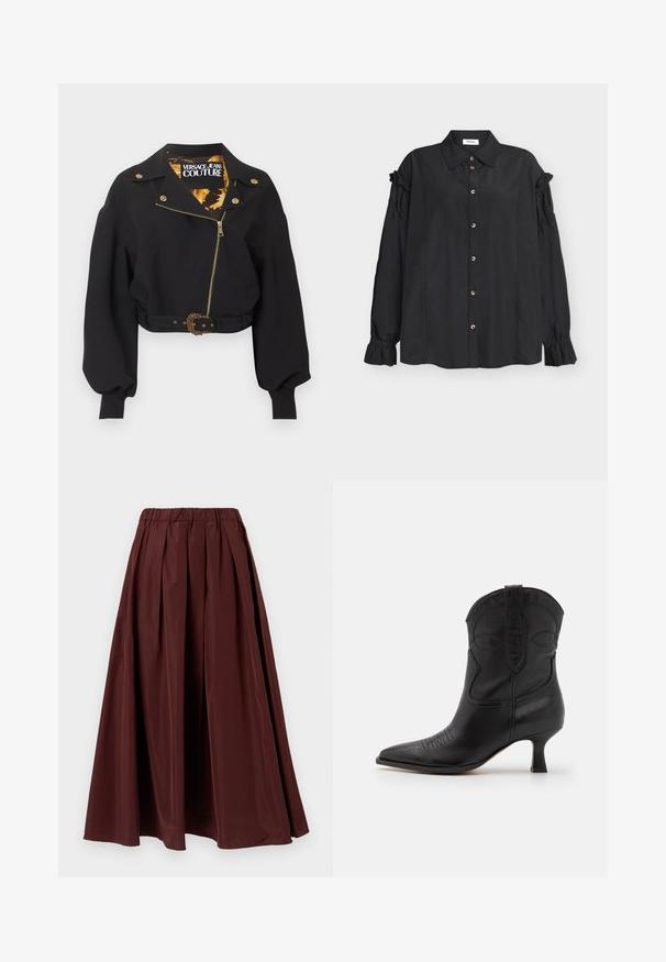 Veste noire courte avec fermeture éclair dorée, boutons et boucle de ceinture, manches longues bouffantes, et étiquette "Versace Jeans Couture" à l'intérieur du col.; Blouse noire à manches longues avec col, boutonnage sur le devant, détails froncés sur les manches et poignets volantés, posée à plat sur un fond clair.; Jupe longue bordeaux avec un design plissé et une ceinture élastique. Texture lisse, forme pleine, et longueur jusqu'au sol.; Botte de cow-boy en cuir noir avec un bout pointu, un petit talon et des coutures décoratives sur la tige et la zone des orteils. Texture lisse sur l'ensemble.