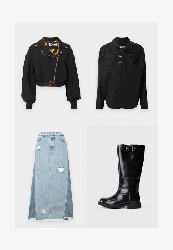 Čierna krátka bunda so zlatým zipsom, gombíkmi a prackou opasku, nadýchané dlhé rukávy a štítok "Versace Jeans Couture" vo vnútri goliera.; Čierna košela na zapínanie s pevnou prednou časťou a prekrývacími detailmi, duálnymi vreckami na hrudi a golierom. Vyrobená z hladkej látky s matným povrchom.; Denimová sukňa s kombináciou svetlomodrých a tmavomodrých látok, s poškodenými miestami, vysokým pásom a rozstrapkaným lemom.; Čierne čižmy po kolená vyrobené z hladkej, lesklej kože. Majú zlatú pracku a nízku, plochú podrážku s jemnými detailmi šitia.