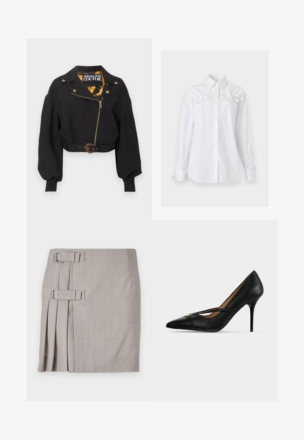 Chaqueta negra corta con cremallera dorada, botones, hebilla del cinturón, mangas largas abullonadas y etiqueta "Versace Jeans Couture" en el interior del cuello.; Camisa blanca de manga larga con cuello y dos bolsillos en el pecho, cada uno con un lazo decorativo cerca de la parte superior.; Falda gris con tela texturizada, pliegues laterales y dos hebillas para un ajuste ajustable. Forma clásica recta, diseño a la altura de la rodilla.; Zapato de tacón alto de cuero negro con punta afilada y una delgada correa en la parte superior asegurada con una pequeña hebilla dorada sobre un fondo liso.