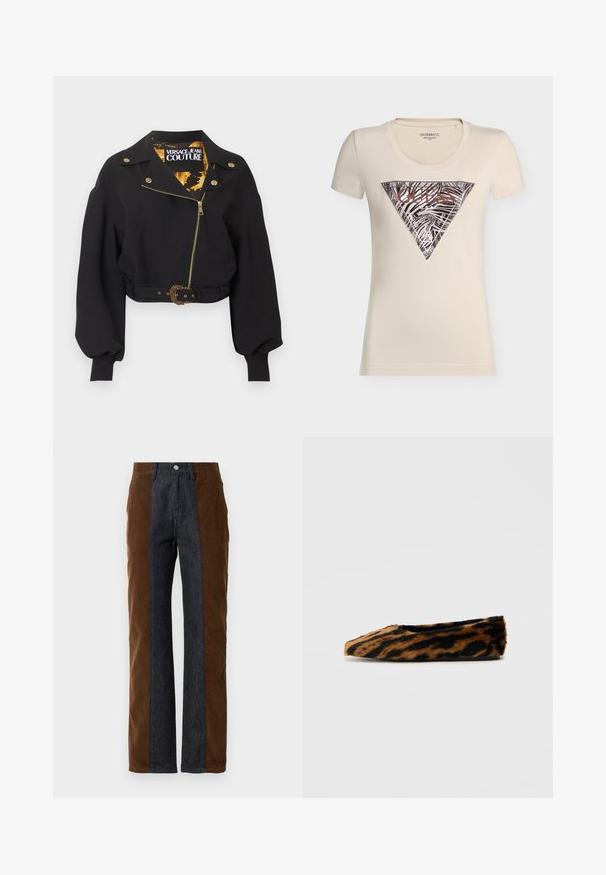 Schwarze kurz geschnittene Jacke mit goldfarbenem Reißverschluss, Knöpfen und Gürtelschnalle, aufgebauschten langen Ärmeln und "Versace Jeans Couture"-Etikett im Krageninneren.; Cremefarbenes, kurzärmeliges, figurbetontes T-Shirt mit großem Zebradruck in Dreiecksform und "GUESS USA"-Logo in Roségold auf der Vorderseite.; Cordhosen und Jeans mit vertikalen Paneelen in dunkelbraun und Marineblau, geradem Schnitt und klassischem Fünf-Taschen-Design.; Ballerinas aus Kunstfell mit einem braun-schwarzen Streifenmuster, abgerundetem Zeh und flacher Sohle. Weicher Stoff und schlankes Design.
