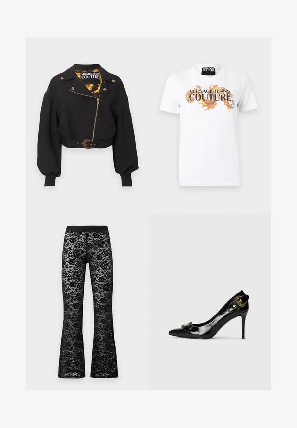 Sort cropped jakke med guld lynlås, knapper og bæltespænde, puffede lange ærmer og "Versace Jeans Couture"-mærke inde i kraven.; Hvid T-shirt med korte ærmer med teksten "Versace Jeans Couture" og orange dekorative kruseduller på forsiden, rund halsudskæring.; Sorte blonde flared bukser med blomstermønster, elastisk sort talje, gennemsigtig tekstur og en tætsiddende silhuet.; Sorte laklæder højhælede sko med spidse tæer, en sløjfedetalje foran og en dekorativ accent i guldtonet metal bagpå.