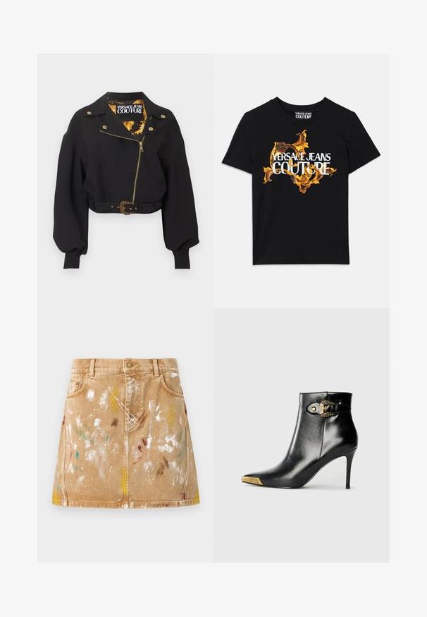 Veste noire courte avec fermeture éclair dorée, boutons et boucle de ceinture, manches longues bouffantes, et étiquette "Versace Jeans Couture" à l'intérieur du col.; T-shirt en coton noir avec le texte blanc "VERSACE JEANS COUTURE" et un design doré orné entourant le texte, manches courtes, col rond.; Jupe en jean beige avec poches avant et éclaboussures de peinture blanche, jaune, verte, bleue et brune, créant un look artistique décontracté.; Bottine noire en cuir brillant, avec un bout pointu, un talon aiguille, et des accessoires dorés ornés d'une boucle décorative.