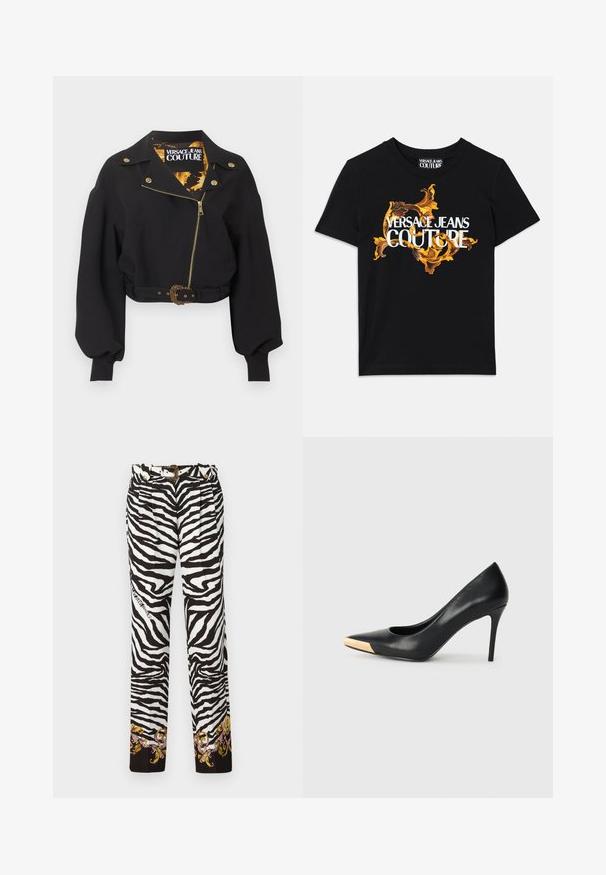 Chaqueta negra corta con cremallera dorada, botones, hebilla del cinturón, mangas largas abullonadas y etiqueta "Versace Jeans Couture" en el interior del cuello.; Camiseta de algodón negra con el texto blanco "VERSACE JEANS COUTURE" y un diseño dorado ornamentado que rodea el texto, mangas cortas y cuello redondo.; Pantalones de estampado de cebra en blanco y negro, con un bordado floral decorativo en el dobladillo y un cinturón con acentos dorados y hebilla.; Zapato de tacón alto de cuero negro con puntera afilada; presenta un detalle metálico dorado en la tapa del tacón. Superficie lisa con un diseño elegante.