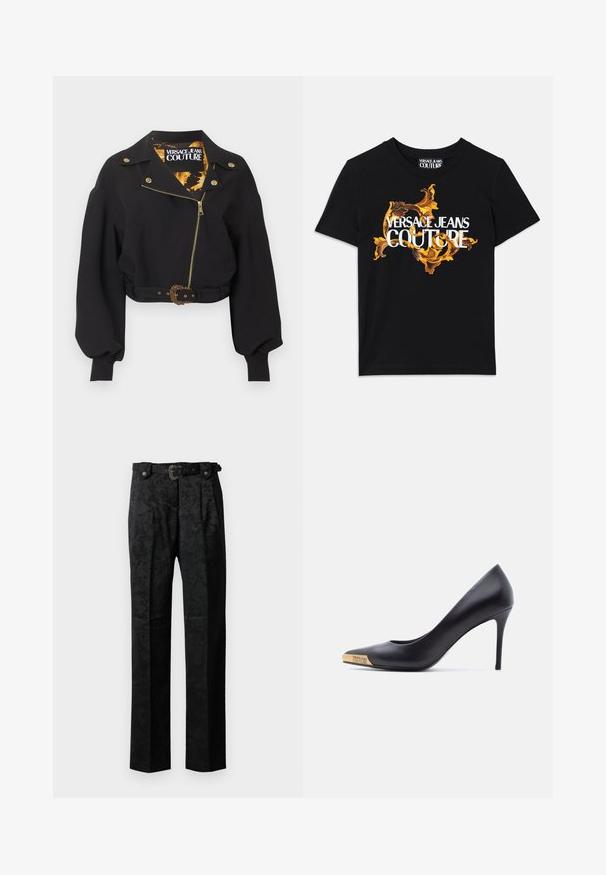 Čierna krátka bunda so zlatým zipsom, gombíkmi a prackou opasku, nadýchané dlhé rukávy a štítok "Versace Jeans Couture" vo vnútri goliera.; Čierne bavlnené tričko s bielym textom "VERSACE JEANS COUTURE" a bohatým zlatým dizajnom okolo textu, krátke rukávy, okrúhly výstrih.; Čierne formálne nohavice s jemným kvetinovým vzorom, prednými záhybmi, pútkami na opasok a dekoratívnym opaskom na jednoduchom pozadí.; Čierna kožená lodička na vysokom opätku so zúženou špičkou, zlatým kovovým zakončením s vyrytým nápisom "Versace Jeans Couture", zobrazená z profilu na bielom pozadí.