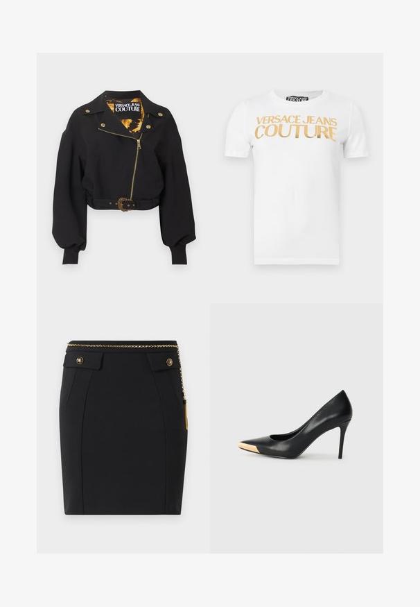 Schwarze kurz geschnittene Jacke mit goldfarbenem Reißverschluss, Knöpfen und Gürtelschnalle, aufgebauschten langen Ärmeln und "Versace Jeans Couture"-Etikett im Krageninneren.; Weißes T-Shirt mit kurzen Ärmeln und goldenem "VERSACE JEANS COUTURE" Schriftzug quer über der Brust gedruckt.; Schwarzer, taillierter Rock mit vorderen Klappentaschen, goldenen dekorativen Knöpfen und einem dünnen goldenen Kettengürtel mit einem Quast auf der rechten Seite.; Schwarzer Leder-Pumps mit hohen Absätzen und spitzem Zehenbereich; verfügt über einen metallisch goldenen Akzent auf der Zehenkappe. Glatte Oberfläche mit einem eleganten Design.