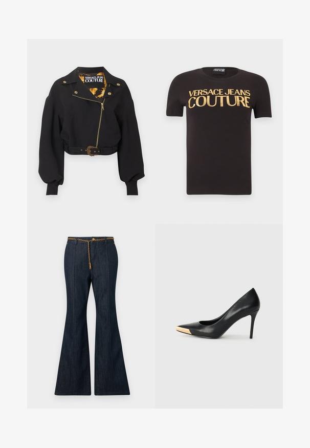 Sort cropped jakke med guld lynlås, knapper og bæltespænde, puffede lange ærmer og "Versace Jeans Couture"-mærke inde i kraven.; Sort kortærmet t-shirt med "Versace Jeans Couture" skrevet med store guld bogstaver på brystet, rund halsudskæring og stofmærke indeni.; Mørke denim flared jeans med høj talje, prydet med et guld kædebælte og kontrastsy/hjørn/stik langs sømmene.; Sort læder stiletter med spids tå; har et metalisk guldakcent på tåkapperne. Glat overflade med et strømlinet design.