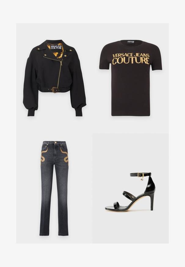 Sort cropped jakke med guld lynlås, knapper og bæltespænde, puffede lange ærmer og "Versace Jeans Couture"-mærke inde i kraven.; Sort kortærmet t-shirt med "Versace Jeans Couture" skrevet med store guld bogstaver på brystet, rund halsudskæring og stofmærke indeni.; Sorte jeans med høj talje og lige ben med gyldne paillet-slangedesign på frontlommerne og gylden knaplukning.; Sorte patenterede lædersandaler med tre stropper, ankelspænde og 10 cm stiletthæl. Har detaljer i guld og et logo charms.
