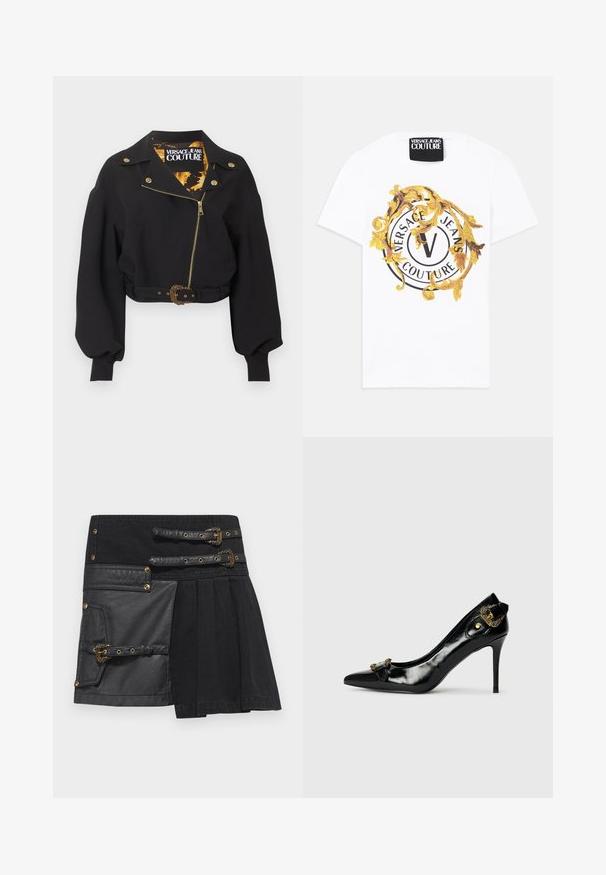 Mustast lühendatud jopes kullast tõmblukk, nupud ja vöö pandlaga, täispuhutud pikad varrukad ning krae sees "Versace Jeans Couture" silt.; Valge puuvillane t-särk, millel on ümmargune graafika mustade ja kuldsete motiividega, sealhulgas ringikujuline logo ja dekoratiivsed elemendid.; Must värviga seelik, millel on nahktooted, pannalate üksikasjad ja erinevad tekstuurid. Vasakul küljel on tasku ning disain on volditud.; Musta lakknahast kõrge kontsaga king, terava varbaga, ees kaunistusena paelte tegemine ja taga dekoratiivne kuldtoonist detail.