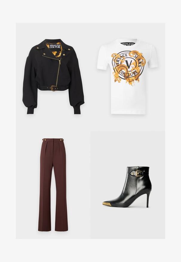 Sort cropped jakke med guld lynlås, knapper og bæltespænde, puffede lange ærmer og "Versace Jeans Couture"-mærke inde i kraven.; Hvid kortærmet t-shirt med et sort cirkulært "Versace Jeans Couture"-logo og udsmykkede gyldne barokstil-swirls på forsiden.; Høj talje brune bukser med viddegab, fortil læg og guldknapdetaljer på justerbare taljebånd.; Sort ankelstøvle lavet af skinnende læder med spids tå, stilet hæl og guldfarvet hardware med en dekorativ spænde-detalje.