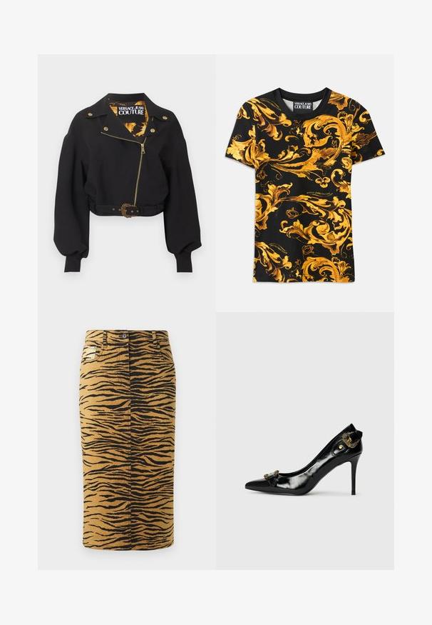 Sort cropped jakke med guld lynlås, knapper og bæltespænde, puffede lange ærmer og "Versace Jeans Couture"-mærke inde i kraven.; Sort T-shirt med intrikate gyldne barok mønstre, der har svungne designs. Bomuldsstof, korte ærmer og logo detalje på sømmen.; Tigerstribet nederdel med en gylden baggrund og sorte mønstre. Lavet af denim, har den en lige pasform og inkluderer lommer.; Sorte laklæder højhælede sko med spidse tæer, en sløjfedetalje foran og en dekorativ accent i guldtonet metal bagpå.