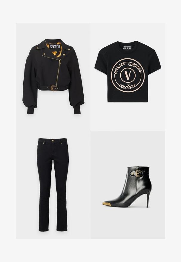 Chaqueta negra corta con cremallera dorada, botones, hebilla del cinturón, mangas largas abullonadas y etiqueta "Versace Jeans Couture" en el interior del cuello.; Camiseta de algodón negra con un gran logo circular beige que presenta "Versace Jeans Couture" y una "V" central en una fuente elegante. Con mangas cortas.; Jeans de mezclilla negros con corte recto, diseño de cinco bolsillos, cierre de botón y acentos de hardware en tono dorado. Textura suave con un detalle mínimo.; Botín negro hasta el tobillo fabricado en cuero brillante, con punta puntiaguda, tacón de aguja y detalles dorados con una hebilla decorativa.