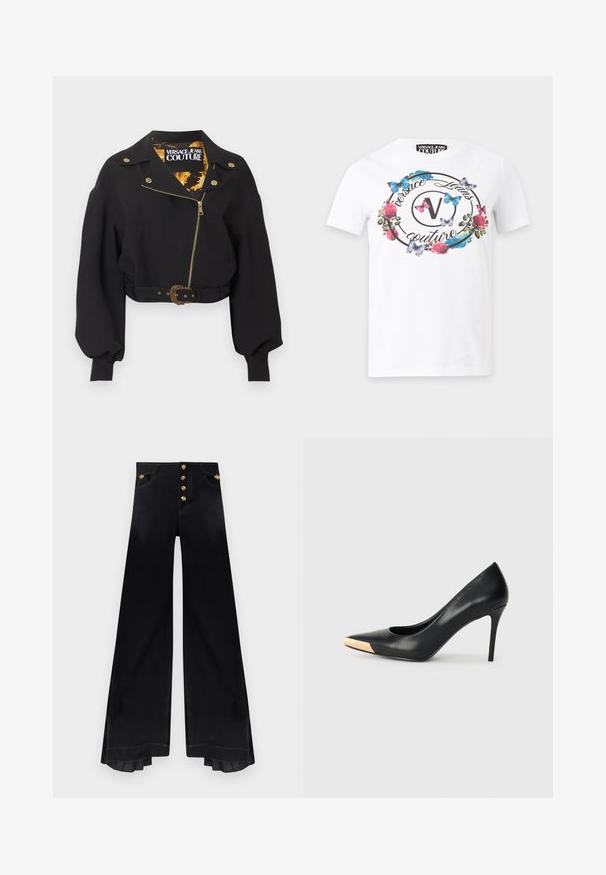 Mustast lühendatud jopes kullast tõmblukk, nupud ja vöö pandlaga, täispuhutud pikad varrukad ning krae sees "Versace Jeans Couture" silt.; Valge Versace Jeans Couture T-särk musta ringikujulise logoga, roosade rooside ning ees olevate siniste ja roosade liblikatega.; Kõrge vöökohaga mustad laiad püksid, millel on viis kuldset nööpi ja volditud detailid ääre sees.; Mustmust suured mõõgapead; pöidla kurgus on metallist kullatooni aktsent. Sile pind ja peen disain.