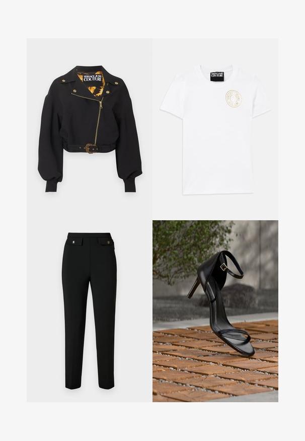Sort cropped jakke med guld lynlås, knapper og bæltespænde, puffede lange ærmer og "Versace Jeans Couture"-mærke inde i kraven.; Hvid bomulds T-shirt med korte ærmer og rund halsudskæring. Har et guld broderet logo på brystet. Simpelt og klassisk design.; Sort skræddersyede bukser lavet af glat stof, med en lige pasform, to forlommer med klapper og detaljer i guldfarvet metal.; Sort højhælet sandal med ankelsnor, der ser ud til at svæve over et trægulv udendørs med sløret grønt og sten i baggrunden.