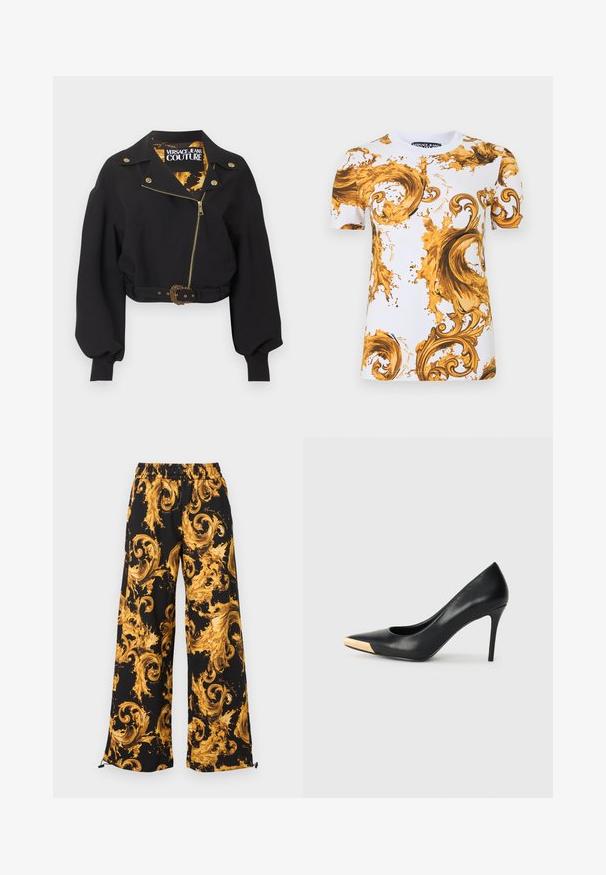 Zwarte cropped jas met gouden rits, knopen en gesp van de riem, opgeblazen lange mouwen en een "Versace Jeans Couture" label aan de binnenkant van de kraag.; Wit Versace Jeans T-shirt met korte mouwen en sierlijke gouden en bruine barokke krul- en spattenpatronen.; Zwarte broek met wijde pijpen en een elastische taille, voorzien van een opvallend barok swirl-patroon in goudgeel en verstelbare trekkoorden aan de zoom.; Zwarte leren hoge hak pump met een spitse neus; heeft een metallic gouden accent op de neuskap. Glad oppervlak met een stijlvolle vormgeving.