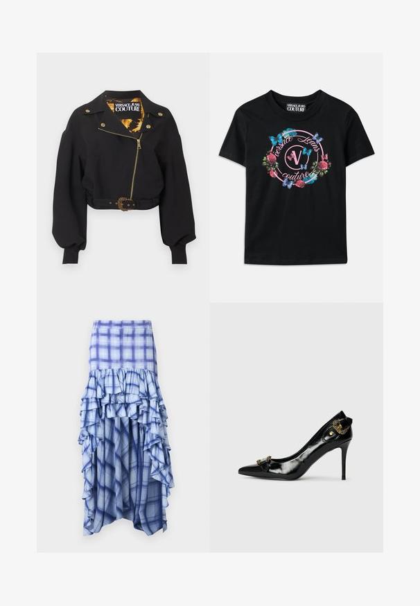 Čierna krátka bunda so zlatým zipsom, gombíkmi a prackou opasku, nadýchané dlhé rukávy a štítok "Versace Jeans Couture" vo vnútri goliera.; Čierne tričko s farebnou kvetinovou a motýľovou grafikou, so ružovými a modrými akcentmi. Nápis "Versace Jeans Couture" vytlačený v kruhovom dizajne.; Modrá kockovaná sukňa s vrstvenými volánmi, ktorá obsahuje rôzne odtiene modrej a modro-biele kockované vzory. Ľahký materiál, dĺžka sukne po členky.; Čierna lakovaná kožená vysoká päta s špicatou špičkou, detailom mašle na prednej strane a dekoratívnym akcentom zlatého kovu vzadu.