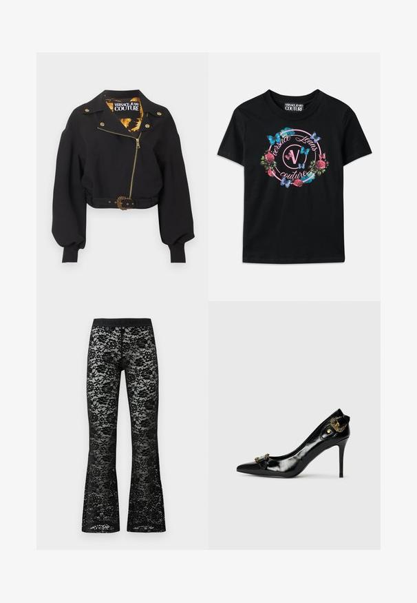 Zwarte cropped jas met gouden rits, knopen en gesp van de riem, opgeblazen lange mouwen en een "Versace Jeans Couture" label aan de binnenkant van de kraag.; Zwarte T-shirt met een kleurrafloraal en vlinderontwerp, met roze en blauwe accenten. "Versace Jeans Couture" gedrukt in een cirkelontwerp.; Zwarte kant flared broeken met bloemenpatroon, elastische zwarte tailleband, doorzichtige textuur en een figuurvormende pasvorm.; Zwarte gepatenteerde leren hoge hak schoen met een spitse neus, een strikdetail aan de voorkant en een decoratieve goudkleurige hardware accent aan de achterkant.