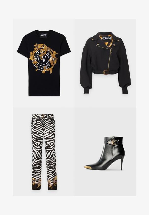 Mustast lühendatud jopes kullast tõmblukk, nupud ja vöö pandlaga, täispuhutud pikad varrukad ning krae sees "Versace Jeans Couture" silt.; Must silmade varrukatega Versace Jeans Couture T-särk, millel on kuldne barokkdisain ja valge ringikujuline logo keskosas.; Mustri seelatud püksid musta ja valge zebra mustriga, mille nööbiga kaunistatud lilled asuvad ääres ning kuldse aktsendiga vöö.; Mustast läikivast nahast pahkluu saabas, millel on terav nina, kontsasstiletokonts ja kuldse tooniga riistvara koos dekoratiivse pandla detailiga.