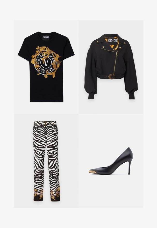 Sort cropped jakke med guld lynlås, knapper og bæltespænde, puffede lange ærmer og "Versace Jeans Couture"-mærke inde i kraven.; Sort kortærmet Versace Jeans Couture t-shirt med guld barokdesign og en hvid cirkulær logo centreret på fronten.; Zebra-mønstrede bukser i sort og hvid, med et dekorativt blomstermønster ved kanten og et guldaccentueret bælte med spænde.; Sort læder højhælet pumpe med spids snude, guldmetalspids indgraveret med "Versace Jeans Couture," vist fra siden på hvid baggrund.