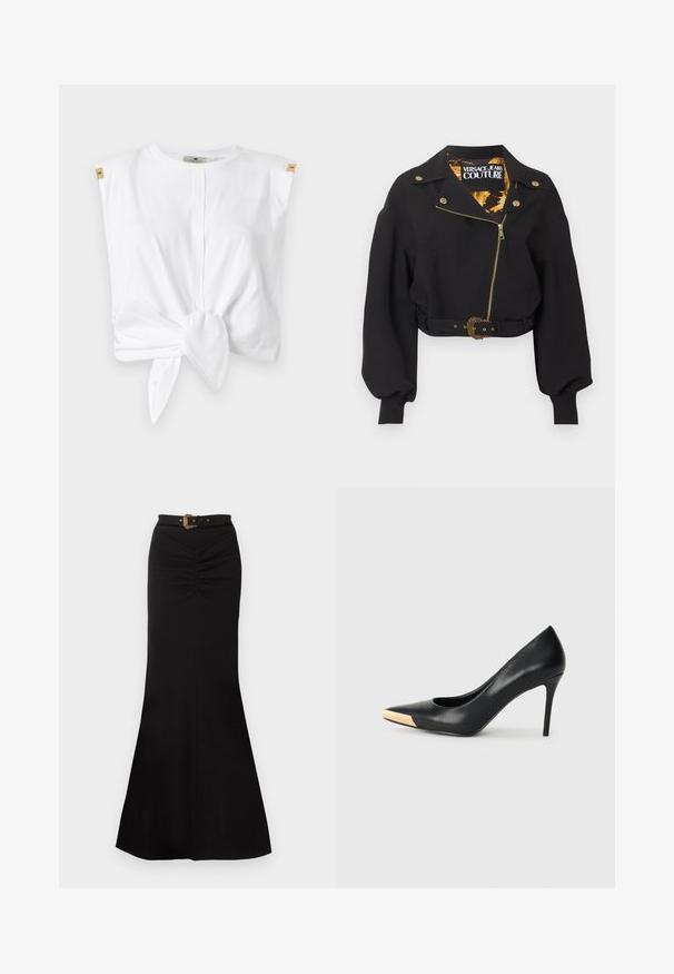 Veste noire courte avec fermeture éclair dorée, boutons et boucle de ceinture, manches longues bouffantes, et étiquette "Versace Jeans Couture" à l'intérieur du col.; Haut blanc à manches courtes en coton avec un détail de nœud à l'avant. Doté d'accents aux épaules et d'un col rond. Texture lisse.; Jupe longue noire avec détail froncé à la taille et ceinture noire ornée d'une boucle dorée ornée.; Pompe à talon haut en cuir noir avec bout pointu ; présente une accentuation métallique dorée sur le capuchon. Surface lisse avec un design épuré.