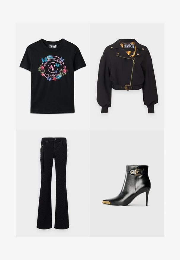 Musta lyhyt takki, jossa kultainen vetoketju, napit ja vyönsolki, pussitetut pitkät hihat ja "Versace Jeans Couture" -etiketti kauluksen sisäpuolella.; Musta T-paita, jossa on värikäs kukka- ja perhoskuvio, jossa on vaaleanpunaisia ja sinisiä vivahteita. "Versace Jeans Couture" on painettu pyöreässä muodossa.; Mustat levenevät farkut, joissa on teksturoitu kangas hienovaraisella kuviolla, hopeiset yksityiskohdat ja etutaskut. Vetoketjuyksityiskohta sivussa.; Musta nilkkurit, jotka on valmistettu kiiltävästä nahasta. Niissä on terävä kärki, piikkikorko ja kultainen metalliosuus, jossa on koristeellinen solkikuvio.