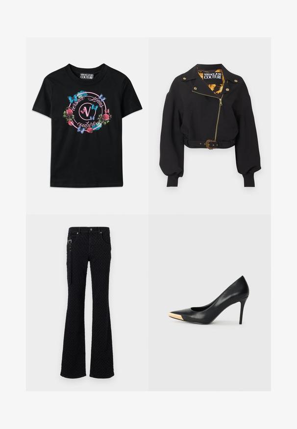 Chaqueta negra corta con cremallera dorada, botones, hebilla del cinturón, mangas largas abullonadas y etiqueta "Versace Jeans Couture" en el interior del cuello.; Camiseta negra con un gráfico colorido de flores y mariposas, con acentos en rosa y azul. "Versace Jeans Couture" impreso en un diseño circular.; Jeans negros de campana con una tela texturizada y un patrón sutil, accesorios de metal plateado y bolsillos frontales. Detalle con cremallera en el costado.; Zapato de tacón alto de cuero negro con puntera afilada; presenta un detalle metálico dorado en la tapa del tacón. Superficie lisa con un diseño elegante.