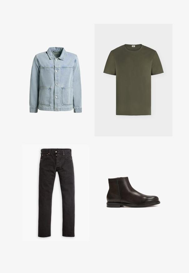 Lyseblå denimjakke med knapper foran, to forlommer, lange ærmer og en spids krave.; Enkel olivengrøn t-shirt med korte ærmer og rund halsudskæring med en lille hvid label på bagsiden af kraven mod hvid baggrund.; Sorte slim-fit jeans med knapåbning, fem lommer og kobbernitter liggende fladt på en hvid baggrund.; Sort læder ankelstøvle med en glat tekstur, rund tå og lav hæl. Har en side lynlås for nem påtagning.