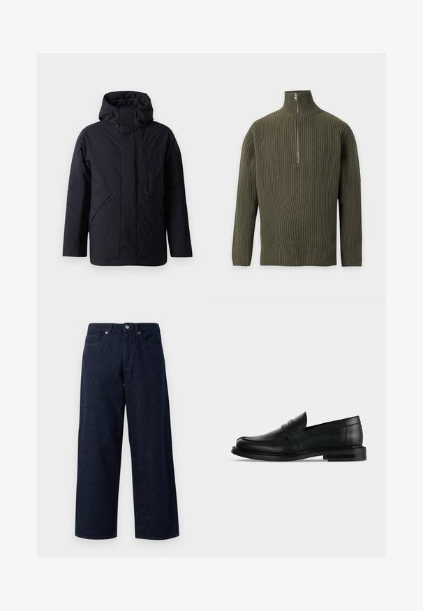 Marineblauer gepolsterter Mantel mit hohem Kragen und Kapuze. Verfügt über zwei Fronttaschen und eine Reißverschlusstasche auf der Brust. Glattes, wasserabweisendes Material.; Olivgrüner, gerippter Strickpullover mit langen Ärmeln und hohem Kragen, vorne mit Reißverschluss bis zur Brustmitte.; Dunkelblaue Denim-Jeans in weiter Beinform mit Knopfverschluss, Fronttaschen und subtiler Textur, geraden Säumen und einem lockeren Sitz.; Schwarzer Leder-Pennyloafer für Herren mit niedrigem, gestapeltem Absatz und abgerundetem Zehenbereich, von der Seite auf hellgrauem Hintergrund gezeigt.