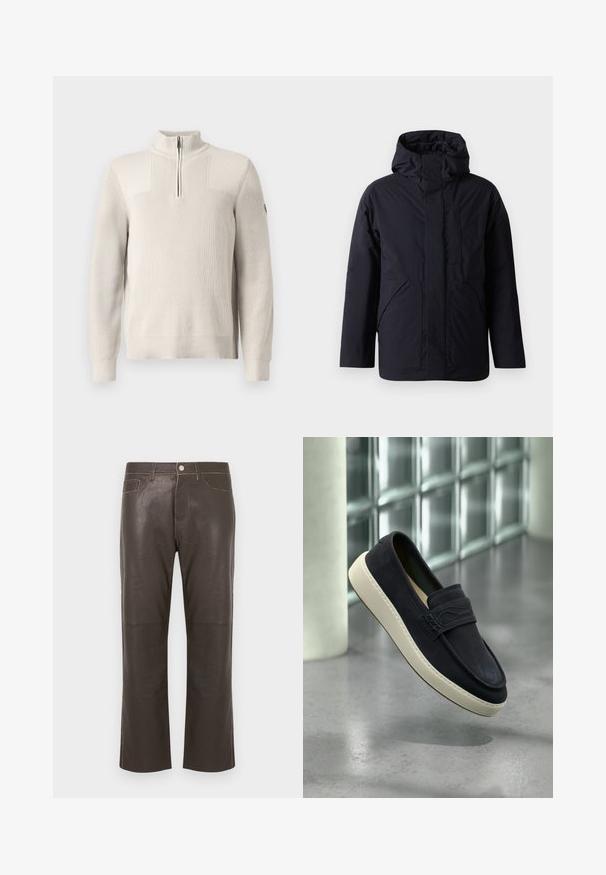 Navyblauwe gewatteerde jas met een hoge kraag en een capuchon. Beschikt over twee voorkeurszakken en een met rits afgesloten borstzak. Glad, waterafstotend materiaal.; Lichtbeige gebreide pullover met een kwart rits, ribbelkraag, manchetten en onderrand, voorzien van een kleine patch op de linkermouw.; Donkerbruine leren broek met rechte pijpen, voorzien van een knoopsluiting aan de voorkant, rits, riemlussen en contrasterende stikdetails.; Zwarte suède loafer met witte zool die zweeft boven een lichtgrijze gepolijste vloer, met een glazen blokmuur en een witte zuil op de achtergrond.