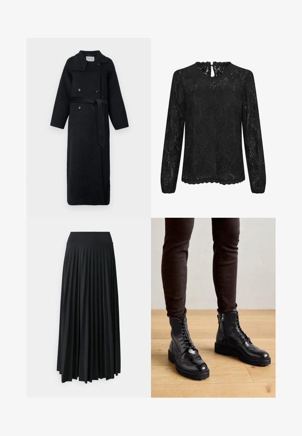 Zwarte, lange jas met een gestructureerde kraag, dubbele knopenrij, zijzakken en een tailleceintuur. Gemaakt van een zachte, gestructureerde stof.; Zwarte kanten blouse met lange mouwen, een ronde halslijn, een gekartelde zoom en een keyhole-detail aan de achterkant. Fijne bloemenpatroon door het hele kledingstuk.; Plisséd zwarte maxi-rok met een brede elastische tailleband. Gemaakt van zachte, vloeiende stof, met verticale plooien voor extra textuur.; Zwarte leren enkellaarsjes met brogue-details, een vetersluiting aan de voorkant, ritsen aan de zijkant en gestructureerde rubberen zolen. Gecombineerd met donkere slim-fit broek.
