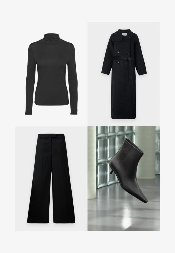 Abrigo largo negro con cuello estructurado, botones cruzados, bolsillos laterales y cinturón en la cintura. Fabricado con una tela suave y texturizada.; Camiseta negra de manga larga y cuello alto, hecha de un tejido suave y elástico. Presenta un diseño ajustado y un clásico cuello alto.; Pantalones anchos negros de tejido suave, con una cintura alta, dos bolsillos frontales y un diseño limpio. Textura lisa sin patrones.; Bota de cuero negro para el tobillo con puntera puntiaguda y tacón pequeño, exhibida frente a una pared de bloques de vidrio y un suelo pulido.