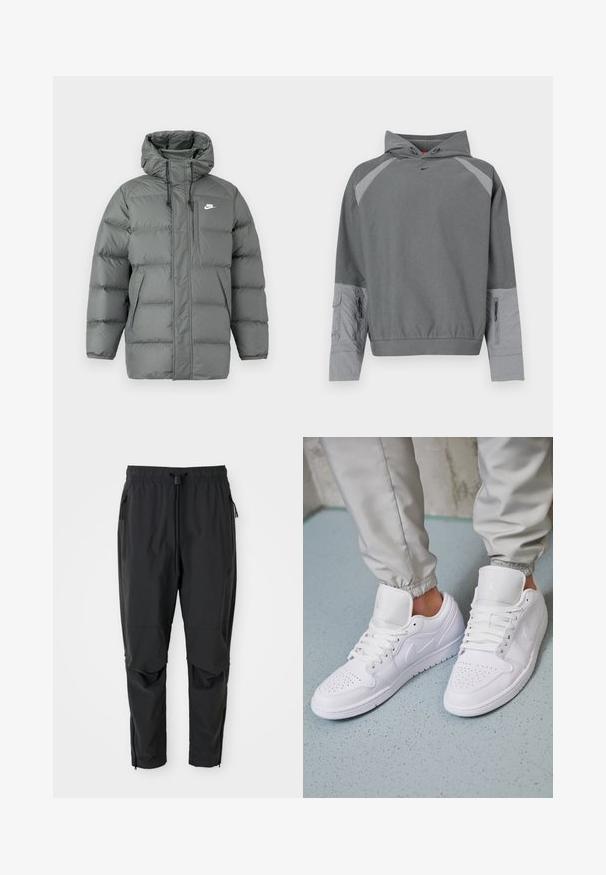 Γκρι μπουφάν πούφτερ με κουκούλα, φερμουάρ και ρυθμιζόμενη κορδόνι. Έχει μεγάλα επενδεδυμένα τμήματα και μια πλαϊνή τσέπη με λογότυπο.; Γκρι φούτερ με κουκούλα, με υφή στο γκρι σώμα, ραγκλάν μανίκια, εμπρόσθια τσέπη και λεπτομέρεια με φερμουάρ στο πλάι. Διαθέτει μαύρο λογότυπο στο στήθος.; Μαύρο ελαφρύ παντελόνι με ελαστική μέση, κορδόνι, τσέπες στο πλάι με φερμουάρ, άρθρωση στα γόνατα και φερμουάρ στους αστραγάλους.; Λευκά δερμάτινα αθλητικά παπούτσια με περφοραρισμένο μπροστινό μέρος, επίπεδα κορδόνια, μαλακή επένδυση στον αστράγαλο και το λογότυπο Jordan στην γλώσσα. Φοριούνται με γκρι φόρμες.